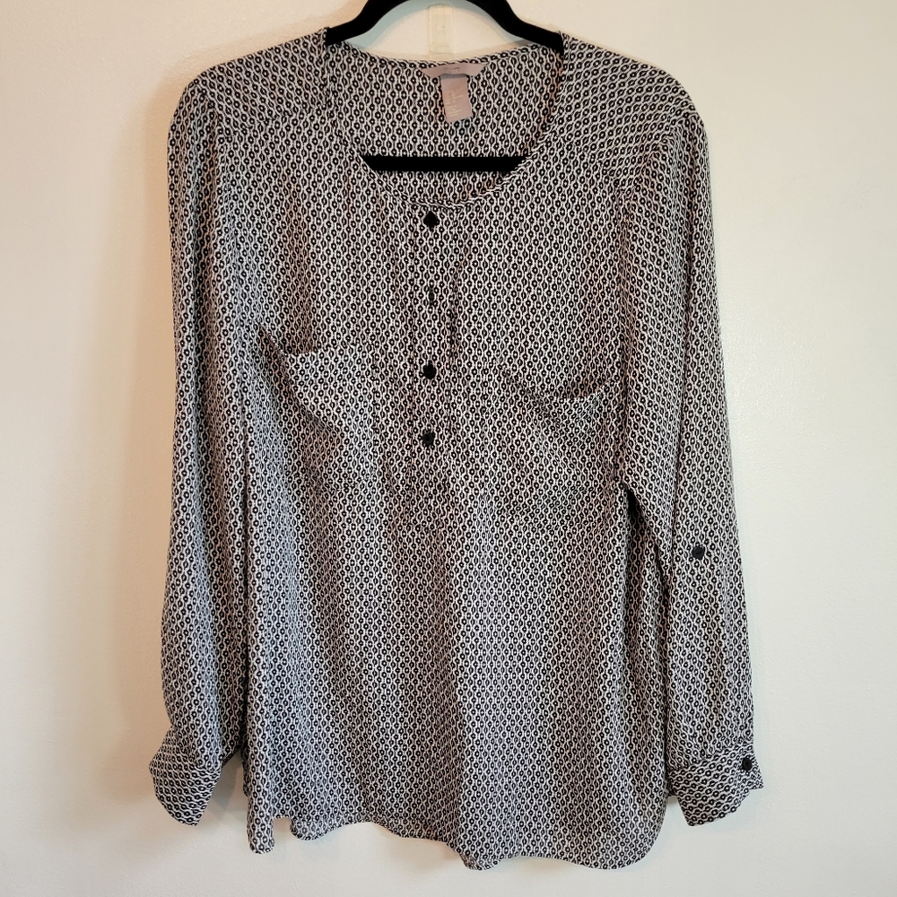 H&M Womens Long Sleeve Black and White Patterned Blouse Size 16